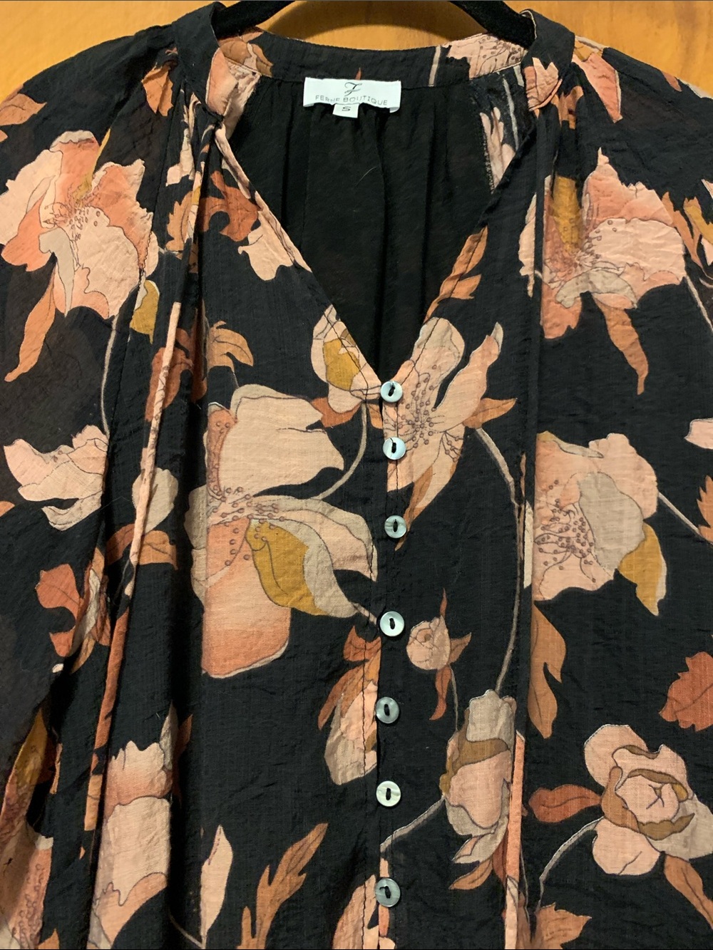 Women’s Floral Button-Front Blouse in Black and Peach